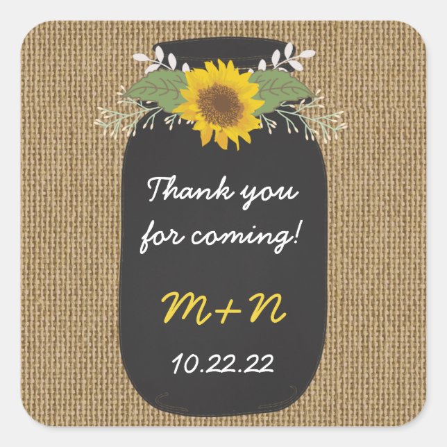 Sticker Carré Burlap Sunflowers Chalk Mason Jar merci pour (Devant)