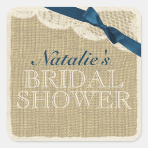 Sticker Carré Burlap vintage et dentelle avec Marine Blue Bow