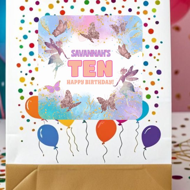 Sticker Carré Butterflies Fairy Gold Glitter 10th Birthday Party (Créateur téléchargé)