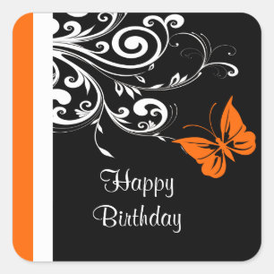 Sticker Carré Butterly orange tourbillonne joyeux anniversaire