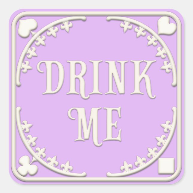 Sticker Carré "Buvez-Moi" Wonderland Tea Party Invitant Purple (Devant)