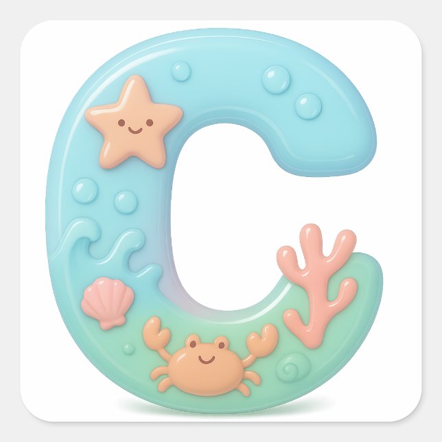 Sticker Carré "C" Cute Bubble Letter - Underwater Sea Creature A (Devant)
