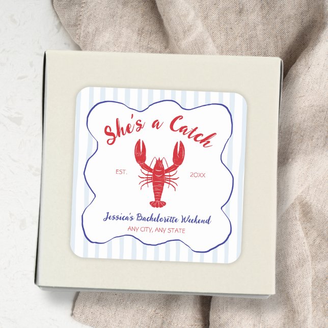 Sticker Carré C’est une fête de bachelorette au homard (She’s a Catch Lobster Bachelorette Party Square Sticker)