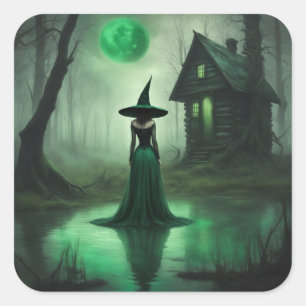 Sticker Carré Cabane de sorcière vert émeraude dans les bois Hal