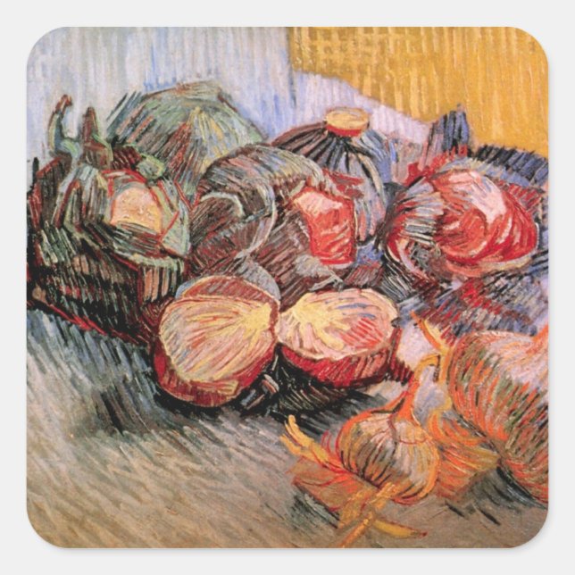 Sticker Carré Cabbages rouges et oignons par Vincent van Gogh (Devant)