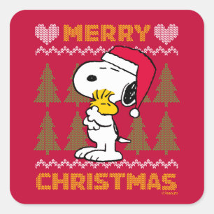 Sticker Carré cacahuètes   Snoopy & Woodstock Santa Claus Hug
