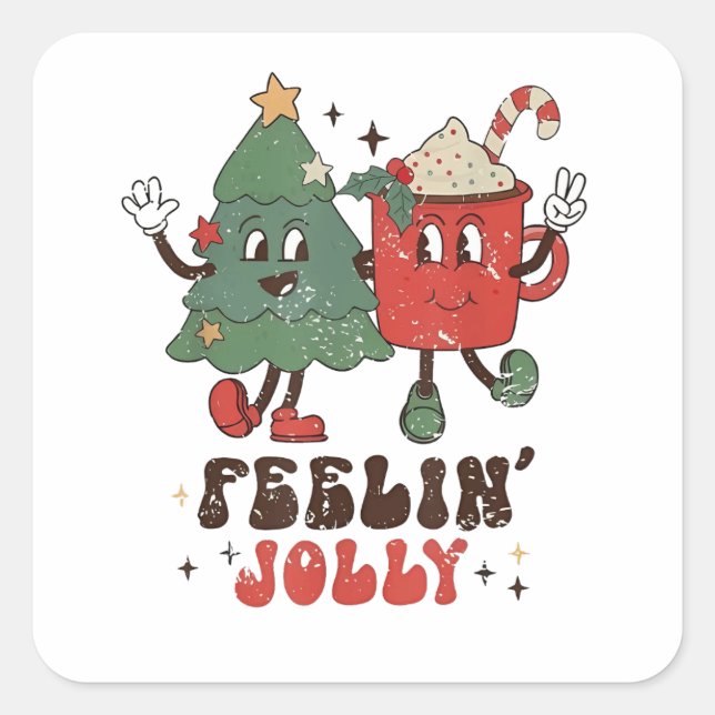 Sticker Carré Cacao Chaud de Noël Groovy Sentiment Joyeux (Devant)