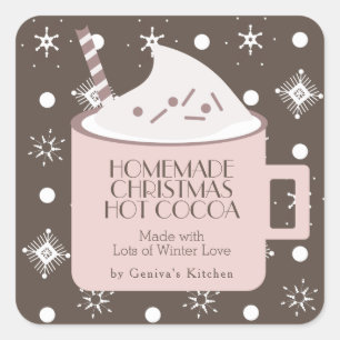 Sticker Carré Cacao Chaude De Noël Maison Rose Marron