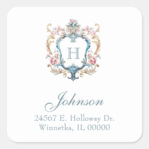 Sticker Carré Cachet Floral Vintage avec Monogramme Adresse de R