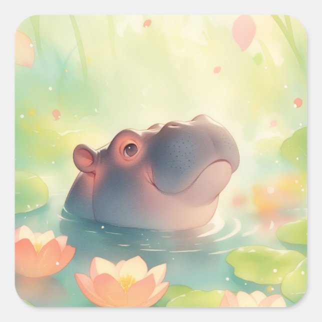 Sticker Carré Cachette Florale de l'Hippopotame dans l'Étang de  (Devant)