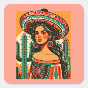 Sticker Carré Cactus coloré de la fête mexicaine