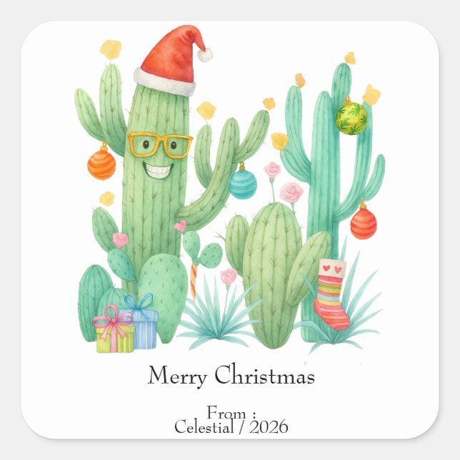 Sticker Carré Cactus de Noël Festif avec chapeau et ornement (Devant)