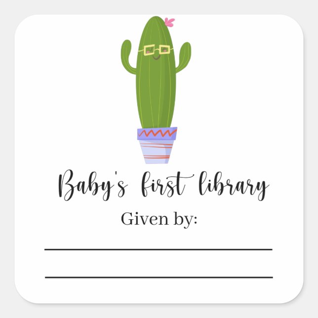 Sticker Carré Cactus drôle - Ex-libris Baby Shower (Devant)