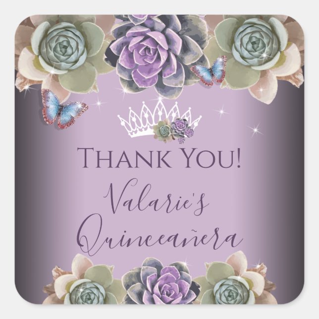 Sticker Carré Cactus et papillon Elégant Quinceanera Carré St (Devant)