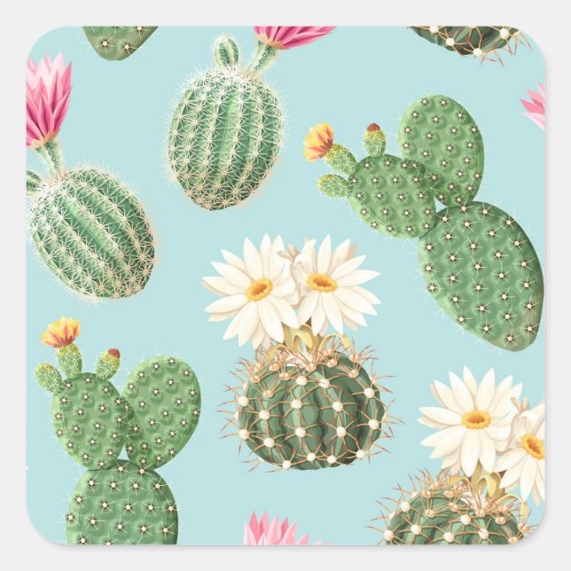 Sticker Carré Cactus, fleurs roses : décor clair (Devant)