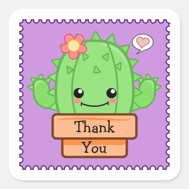 Sticker Carré Cactus Kawaii Merci (Devant)