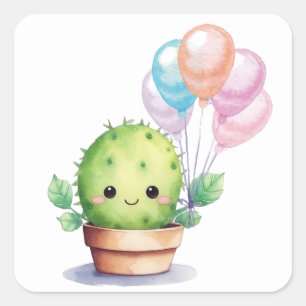 Sticker Carré Cactus mignons avec ballons d'anniversaire