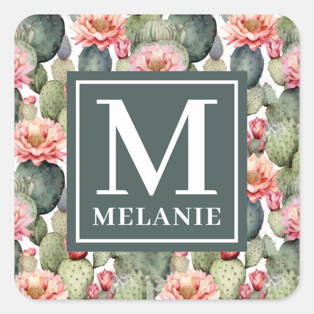 Sticker Carré Cactus Motif Fleurs roses Monogramme (Devant)