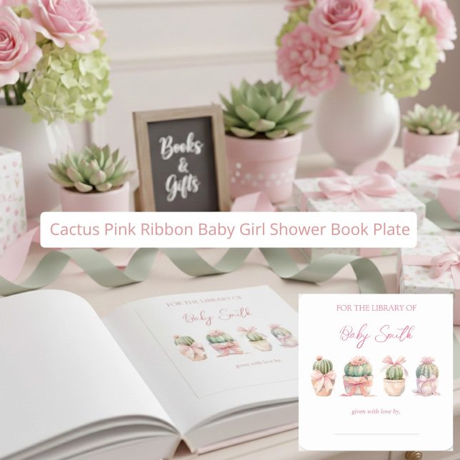 Sticker Carré Cactus Ruban rose Bébé Fille Douche Plaque de livr (Créateur téléchargé)
