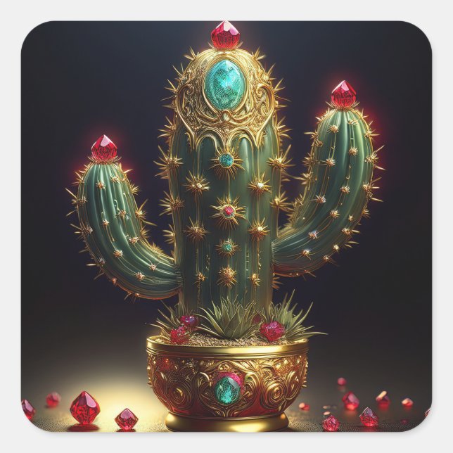 Sticker Carré Cactus Saguaro Doré Avec Rubis Incérés (Devant)