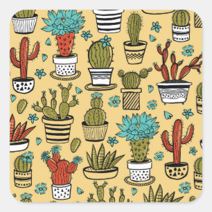 Sticker Carré Cactus Succulent : Esquisse tirée à la main