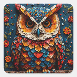 Sticker Carré 🦉 Cadeau Artistique de Faune Coloré de Hibou