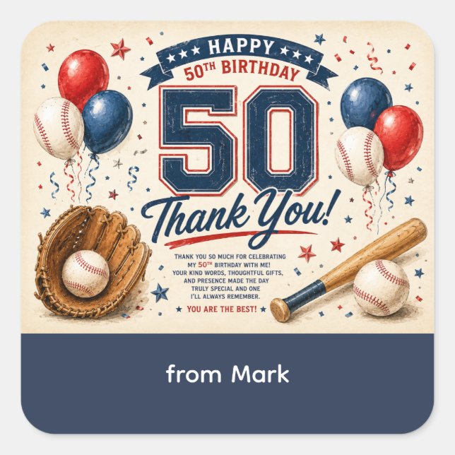 Sticker Carré Cadeau d'anniversaire de 50 ans de baseball  (Devant)