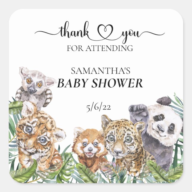 Sticker Carré Cadeau de Baby Shower Animaux de la Jungle Tropica (Devant)
