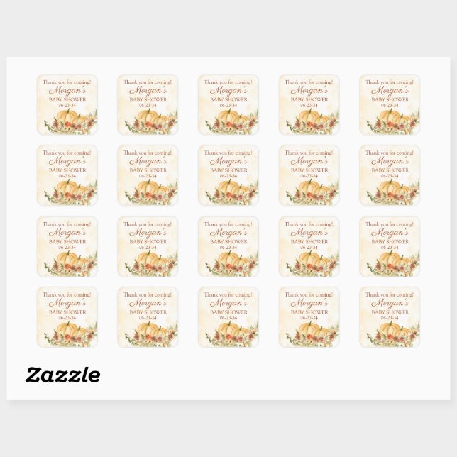 Sticker Carré Cadeau de Baby Shower Citrouille Automne Rustique (Feuille)