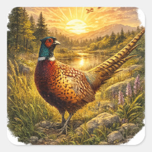 Sticker Carré Cadeau de chasse au faisan au coucher du soleil Oi