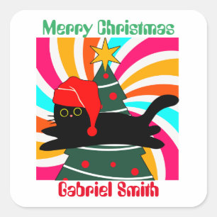 Sticker Carré cadeau de chat de Noël vintage