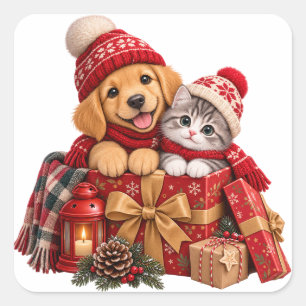 Sticker Carré Cadeau de chiot chaton de Noël adorable
