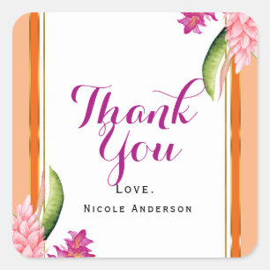 Sticker Carré Cadeau de fête Corail Orange et Or Floral Tropical