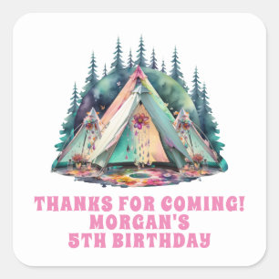 Sticker Carré Cadeau de fête d'anniversaire pour une soirée camp