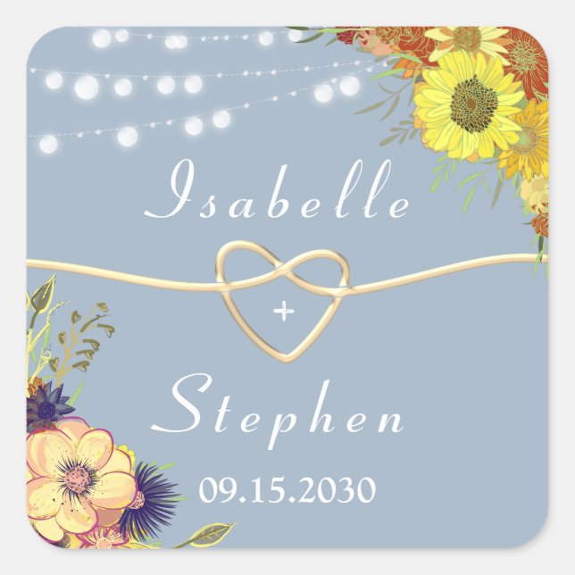 Sticker Carré Cadeau de mariage Floral Rustique Bleu Poussiéreux (Devant)
