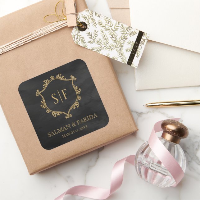 Sticker Carré Cadeau de Mariage Monogramme Black Gold Crest (Cadeaux)
