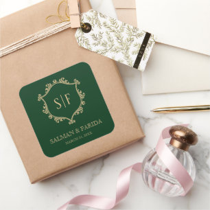 Sticker Carré Cadeau de mariage Monogramme Vintage Green Gold Cr