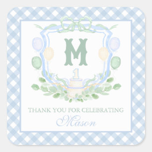 Sticker Carré Cadeau de monogramme de crête de bleu d'aquarelle 