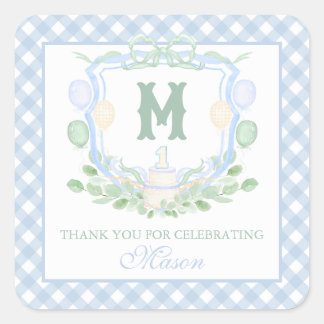 Sticker Carré Cadeau de monogramme de crête de bleu d'aquarelle