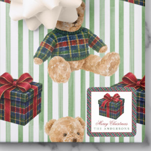 Sticker Carré Cadeau de Noël à carreaux Tartan Aquarelle