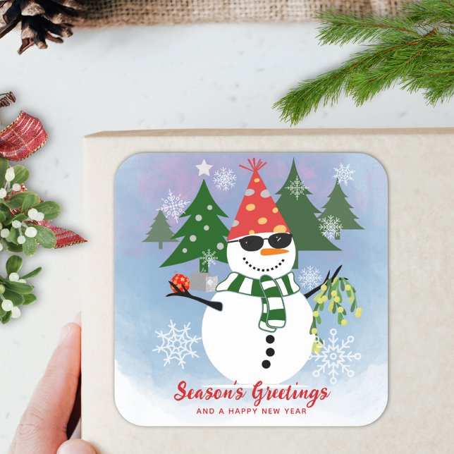 Sticker Carré Cadeau de Noël drôle de bonhomme de neige (Créateur téléchargé)