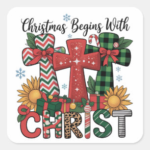 Sticker Carré Cadeau de Noël Joyeux Xmas Carreaux Religieux Croi