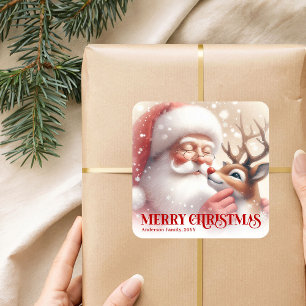 Sticker Carré Cadeau de Noël Père Noël et Rudolph Personnalisé C
