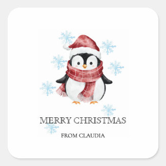 Sticker Carré Cadeau de Noël personnalisé Petit Manchot Mignon
