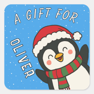 Sticker Carré Cadeau de Noël pour enfants avec un nom de manchot