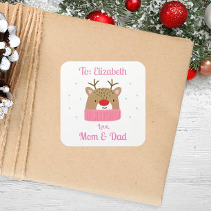 Sticker Carré Cadeau de Noël pour filles personnalisées Reindeer
