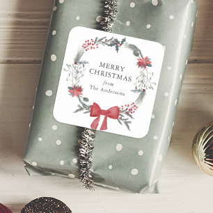 Sticker Carré Cadeau de Noël rustique Wreath Holiday