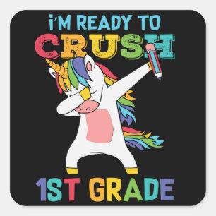 Sticker Carré Cadeau de première année d'école pour élève licorn