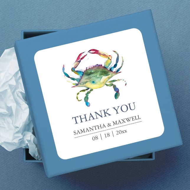 Sticker Carré Cadeau de remerciement crabe bleu pour mariage sur (Thank You Favor Square Sticker Beach Wedding Blue Crab art by Victoria Grigaliunas)