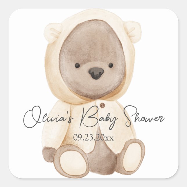 Sticker Carré Cadeau d'ours mignon aquarelle pour Baby Shower pe (Devant)